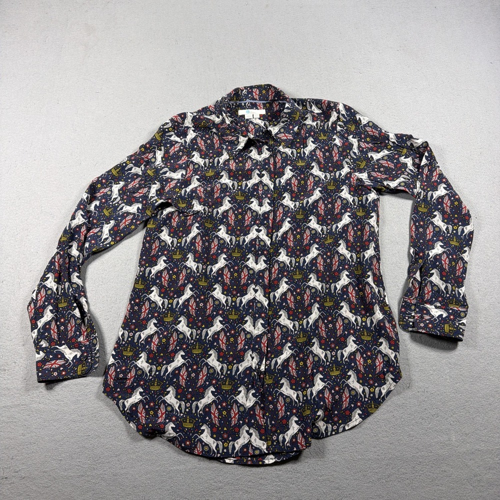 Boden Silk Unicorn British Crown Print Blouse Women Size 8 Regular Navy Classic
